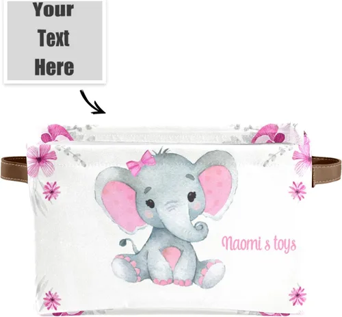 Vista 2 de Pink Elephant - Contenedores de almacenamiento personalizados, cestas organizadoras con asa para estantes, armario, guardería, juguetes, 1 paquete