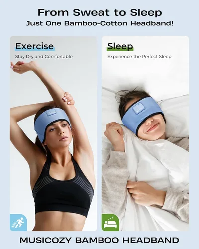 Vista 3 de MUSICOZY Diadema para dormir, auriculares Bluetooth suaves para dormir Azul claro
