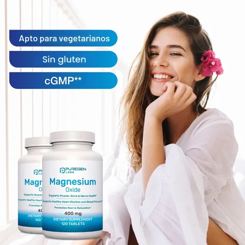 Vista 6 de Suplemento de magnesio de 400 mg [alta potencia] – Óxido de magnesio para apoyo inmunológico, recuperación muscular, calambres en las piernas