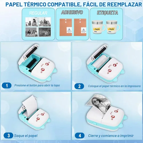 Vista 5 de Impresora portátil, mini impresora térmica inalámbrica Bluetooth de bolsillo con 6 rollos de papel de impresión para teléfono inteligente Android