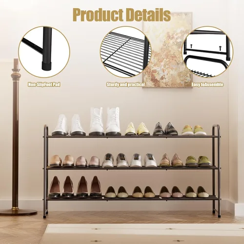 Vista 4 de Zapatero de metal largo de 3 niveles, estante organizador de zapatos apilable ajustable de gran capacidad para entrada de armario, bronce 42