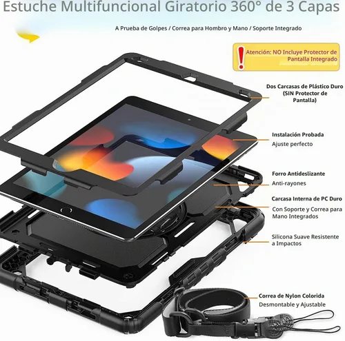 Vista 3 de BMOUO Funda para iPad de 9ª/8ª/7ª generación de 10.2", a prueba de golpes con soporte giratorio de 360°, correa de hombro y mano, funda para iPad