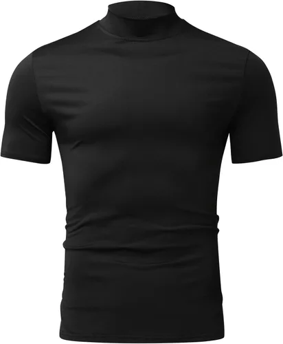 Vista 2 de Camisetas de manga corta para hombre, cuello alto, básicas, ajustadas, sin botones, camisetas de algodón elástico
