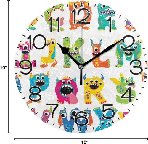 Vista 9 de ALAZA Reloj de pared con letras del alfabeto de monstruo divertido, funciona con pilas, silencioso, de cuarzo, analógico, rústico, rústico, reloj