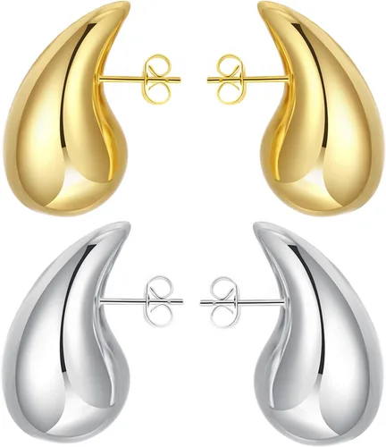 Vista 9 de Aretes de aro de oro gruesos para mujer, ligeros, con forma de gota de agua, aretes de aro abiertos y huecos en forma de lágrima, plata y oro