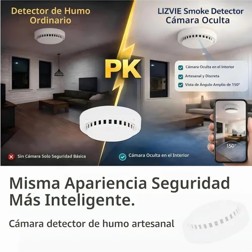 Vista 3 de Cámara con detector de humo 2K hecha a mano, 5000 mAh* 2 con detección de movimiento gran angular de 150°, visión nocturna, control remoto por
