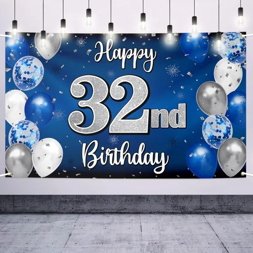 Vista 52 de Decoración de feliz cumpleaños número 100, globo azul y plateado grande cartel de fondo de cumpleaños de 100 años - Suministros para fiesta