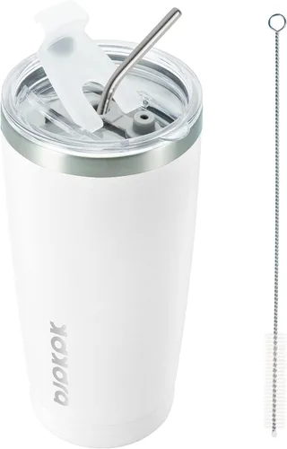 Vista 16 de BJPKPK Vaso térmico negro con tapa y pajita, de acero inoxidable, de 20 onzas, para café Pintura de caucho negro