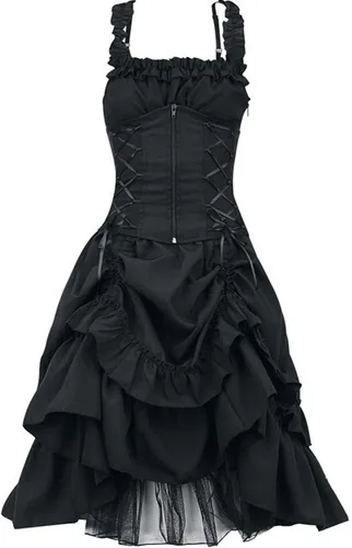 Vista 4 de Bidobibo Vestido renacentista para mujer, vestido gótico negro, sin mangas, con volantes, vestido hippie con corsé, vestidos punk con cordón