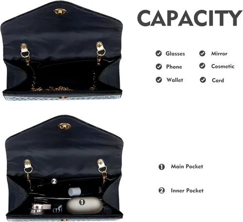 Vista 6 de Bolsos de noche para mujer, formales, embrague de diamantes de imitación, bolso de fiesta de boda con purpurina, bolso de cóctel para fiesta