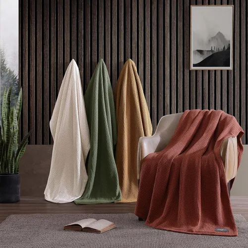 Vista 4 de Eddie Bauer - Manta tamaño King, ropa de cama 100% algodón suave con textura de tejido gofre, 400 GSM, manta para sofá o cama (marrón)