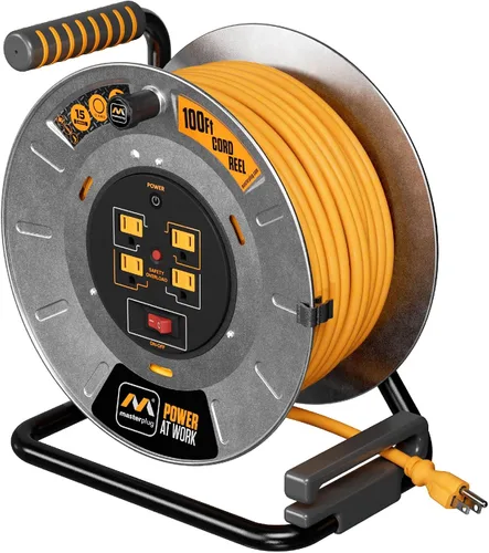 Vista 8 de Masterplug Carrete de cable de 1 pie, tambor de cable de metal, cable de extensión retráctil con mango de bobinado, disyuntor de sobrecarga