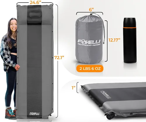 Vista 3 de Foxelli Almohadilla de dormir autoinflable para camping, mochilero, senderismo, espuma aislada, ligera, colchón inflable con almohada