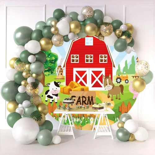 Vista 2 de Fondo redondo de dibujos animados de animales de granja de 3 x 3 pies, fondo redondo para fotografía de granero rojo para niños, baby shower