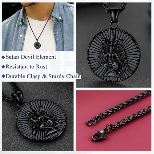 Vista 5 de FaithHeart Collar de cabeza de toro punk de acero inoxidable para hombres y mujeres colgante de cruz invertida de Satanás con delicado embalaje