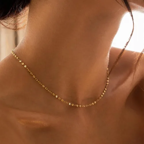 Vista 2 de Delicado collar de cadena para mujer, chapado en oro de 18 quilates, gargantilla de disco de moneda, collar simple de cadena trenzada con cuentas