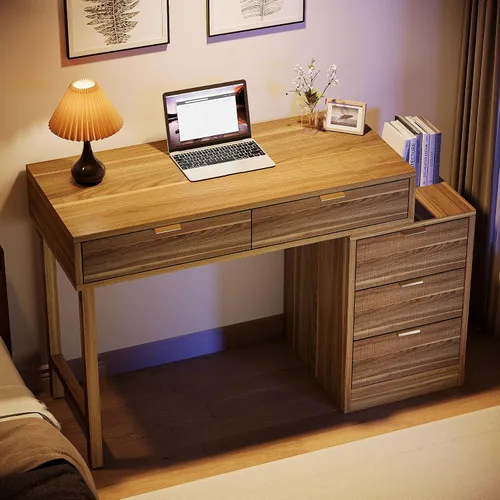 Vista 4 de Tribesigns Escritorio para computadora con 5 cajones, escritorio pequeño reversible con almacenamiento, mesa de estudio de madera vintage, estación
