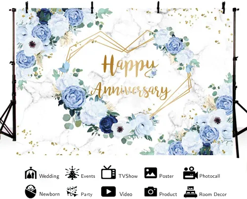 Vista 2 de MEHOFOND Telón de fondo de feliz aniversario de 7 x 5 pies, diseño floral azul y blanco para boda, aniversario, fotografía, corazones, geométricos