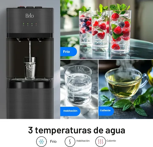 Vista 3 de Brio Dispensador de agua de carga inferior autolimpiante, acero inoxidable negro, 3 ajustes de temperatura, agua caliente, habitación y fría