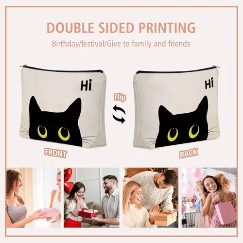 Vista 4 de Bolsa de maquillaje de gato negro para regalo de mamá y gato: bonita bolsa de cosméticos y artículos de tocador para niñas y mujeres, hermanas