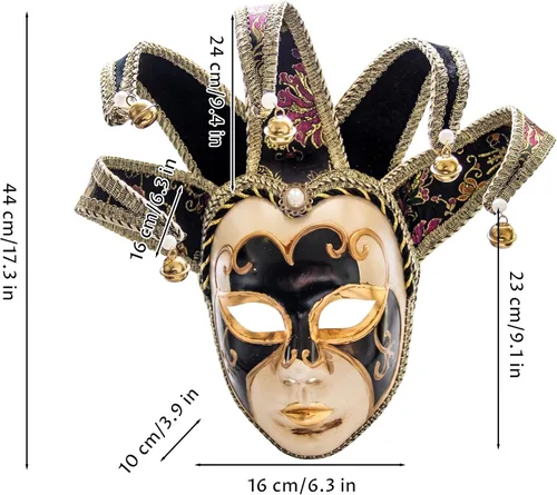 Vista 7 de Máscara de bufón, máscara veneciana de cara completa, máscaras para hombre con patrones dorados y campanas, color rojo Negro