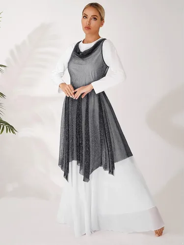 Vista 4 de Vestido de baile sin mangas con cuello drapeado y lentejuelas de malla para mujer, vestido de baile lírico