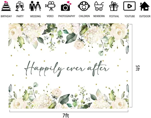 Vista 6 de Lofaris Telón de fondo para boda, flores blancas, hojas verdes, puntos dorados, fondo de fotografía, despedida de soltera, boda, fiesta, pancarta