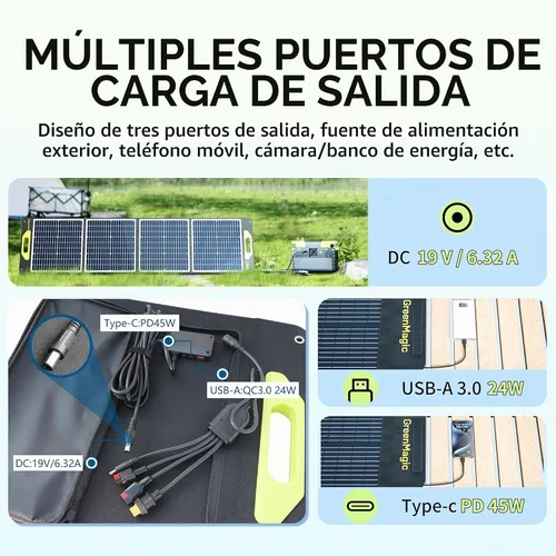 Vista 4 de Greenmagic Panel Solar Portátil de 120W 19V, Kit de Paneles Solares Plegables de 120W con Soportes Ajustables, Impermeable IP65 para Camping