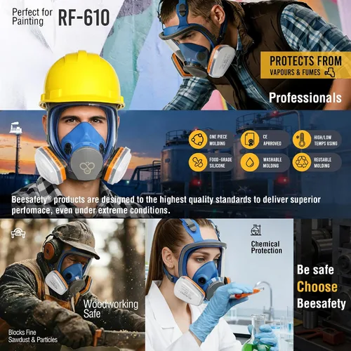 Vista 6 de Máscara respiradora de cara completa con 2 filtros de vapor orgánico A1 y 8 filtros de polvo P2, respirador reutilizable RF-610 para polvo, gas