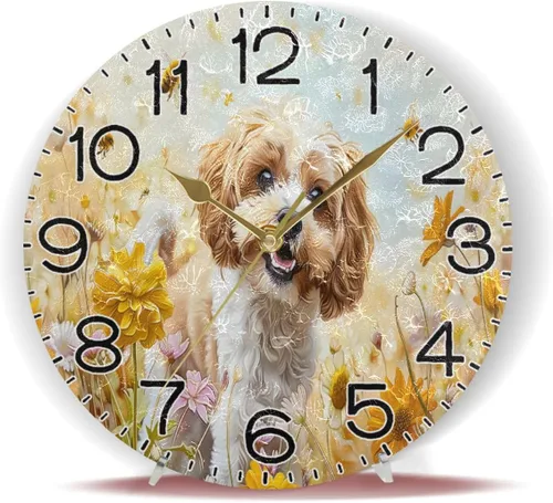 Vista 6 de ALAZA A Cockapoo - Reloj de pared con diseño de flores de perro, funciona con pilas, sin tictac, de cuarzo, analógico, rústico, rústico, reloj