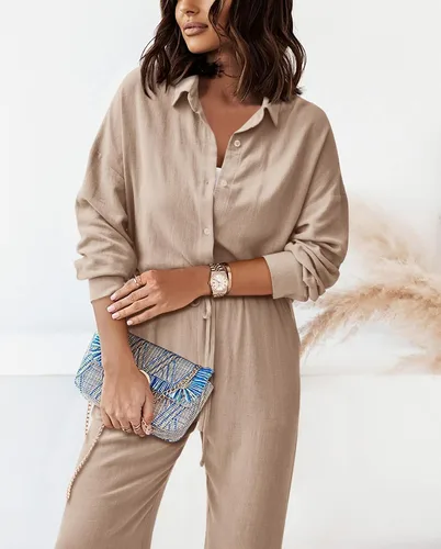 Vista 7 de dowerme Conjunto deportivo casual de 2 piezas para mujer, con botones, con cordón y pantalón largo