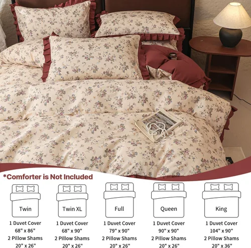 Vista 6 de OTOB Funda de edredón tamaño Queen de 3 piezas, 100% algodón con volantes, estética, floral, con 2 fundas de almohada, reversible, estilo shabby