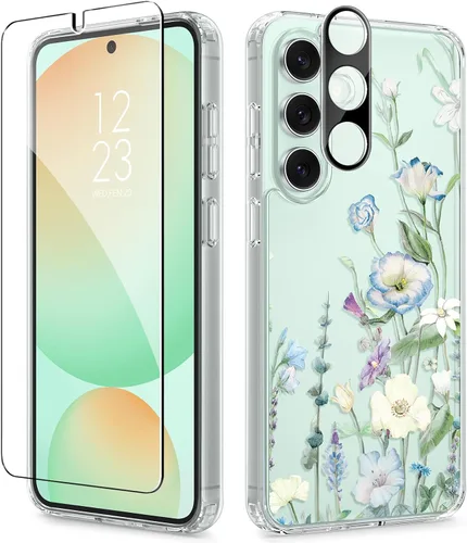 Vista 25 de GVIEWIN Funda protectora para Samsung Galaxy S25, transparente floral, delgada, a prueba de golpes, para mujer, no se pone amarilla, con protector