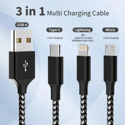 Vista 2 de Travel Essentials - Cable de carga múltiple 3 en 1, cable de carga universal para teléfono Micro USB Cable with Type-C, Micro USB,IP Port, Travel