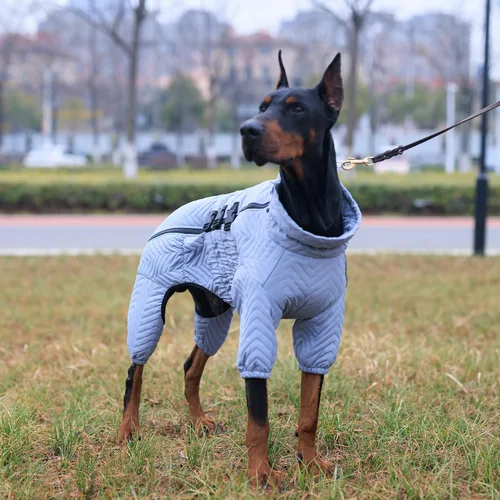 Vista 7 de Abrigo cálido para perros de doble capa, chaleco para perros, 4 patas cubiertas, resistente al viento, impermeable, reflectante, gris XS - L