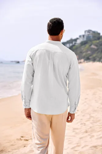 Vista 4 de COOFANDY Camisa Henley de algodón para hombre, de manga larga, ajustada, de lino, casual, para verano, playa, hippie