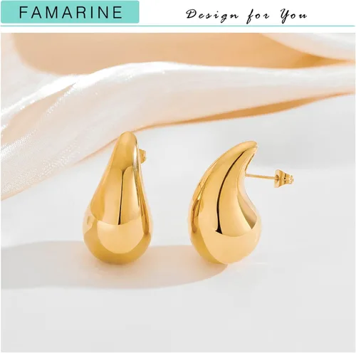 Vista 4 de FAMARINE Aretes de oro con forma de gota de agua para mujer, aretes grandes de oro con forma de lágrima