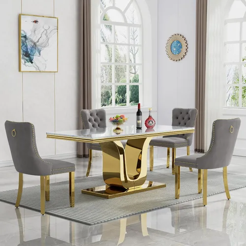 Vista 35 de Juego de mesa de comedor de mármol sintético, 7 piezas, juego de mesa de cocina y comedor para 6, mesa de comedor rectangular blanca de 70 pulgadas