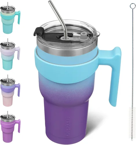 Vista 20 de BJPKPK Mini vaso de 10 onzas con tapa, popote y asa, taza de acero aislada