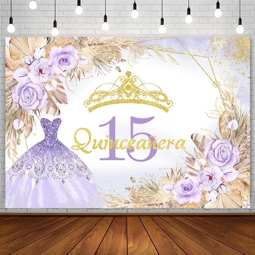 Vista 8 de AIBIIN Telón de fondo de quinceañera de 15 cumpleaños de 7 x 5 pies para niña dulce, bohemio, morado con purpurina Mis Quince Anos, fondo