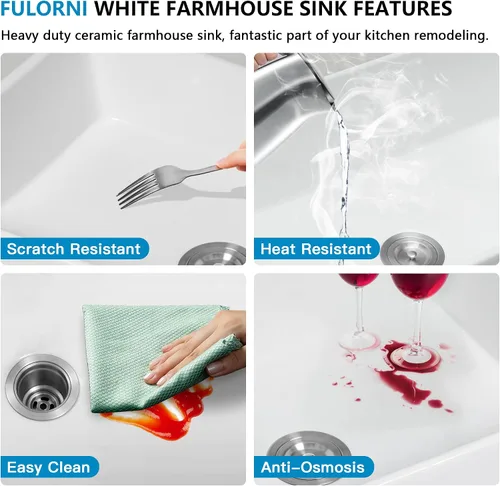 Vista 7 de Fregadero de cocina blanco de 32 x 19 pulgadas, cuenco doble de arcilla refractaria de porcelana de cerámica blanca, doble montaje 50/50, montaje