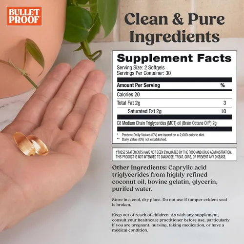 Vista 2 de Bulletproof Cápsulas blandas de octano cerebral, 60 unidades, aceite puro C8 MCT para energía sostenida