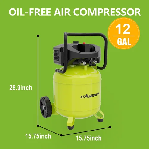 Vista 2 de Compresor de aire de 12 galones para taller, 150 PSI máx, compresor vertical sin aceite para garaje y hogar, con un motor sin escobillas de larga