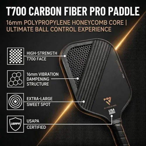 Vista 3 de T700 Carbon Fiber Pickleball Paddle, Pickleball Set 16mm Pickle Ball Rackets with CMS Matte Surface Lightweight Honeycomb Core & Durable Edge Frame