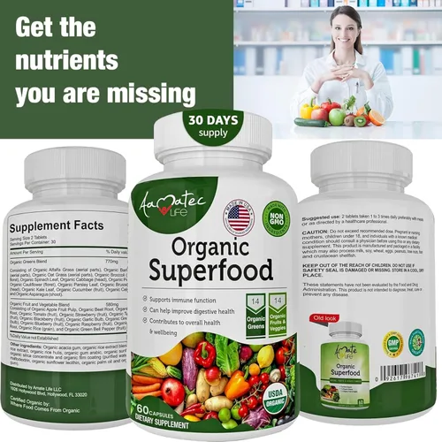 Vista 3 de Organic Superfood Greens - Complejo de frutas y verduras - Suplemento dietético con 14 verduras y 14 frutas y verduras con alfalfa rica