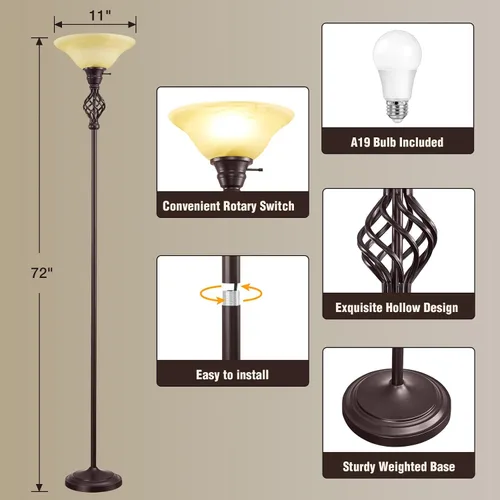 Vista 3 de GyroVu Torchiere - Lámpara de pie para sala de estar, luz LED de lectura de pie para dormitorio con pantalla de vidrio para sala de estar, esquina