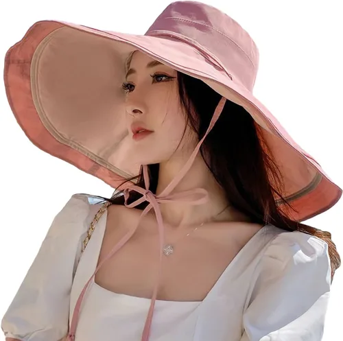 Vista 47 de Sombrero de sol de ala súper ancha para mujer, de algodón, plegable, reversible, con borde con cable, protección UV, verano, playa, viajes, jardín