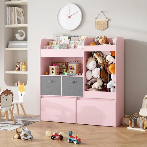 Vista 5 de Almacenamiento de animales de peluche de 42.9 pulgadas con estantería para niños, almacenamiento grande de juguetes con baúl de juguetes y tapete