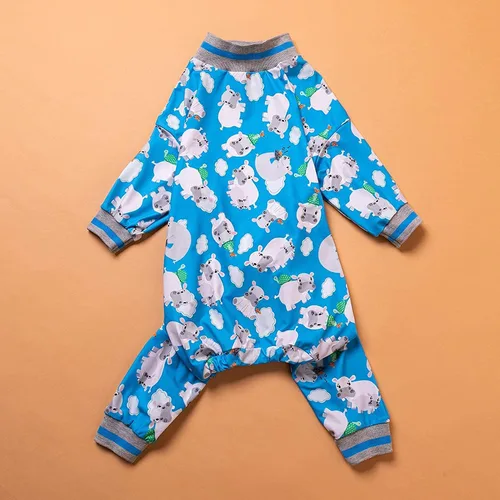 Vista 3 de LovinPet Ropa grande para perros – Pijama acogedor para perro, ajuste delgado, pijama ligero con cobertura completa – Happy Hippo Blue Prints Cuello