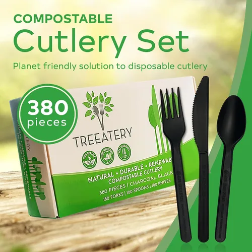 Vista 2 de Juego de cubiertos compostables, utensilios compostables a base de plantas, cubiertos compostables aptos para lavavajillas, cubiertos desechables
